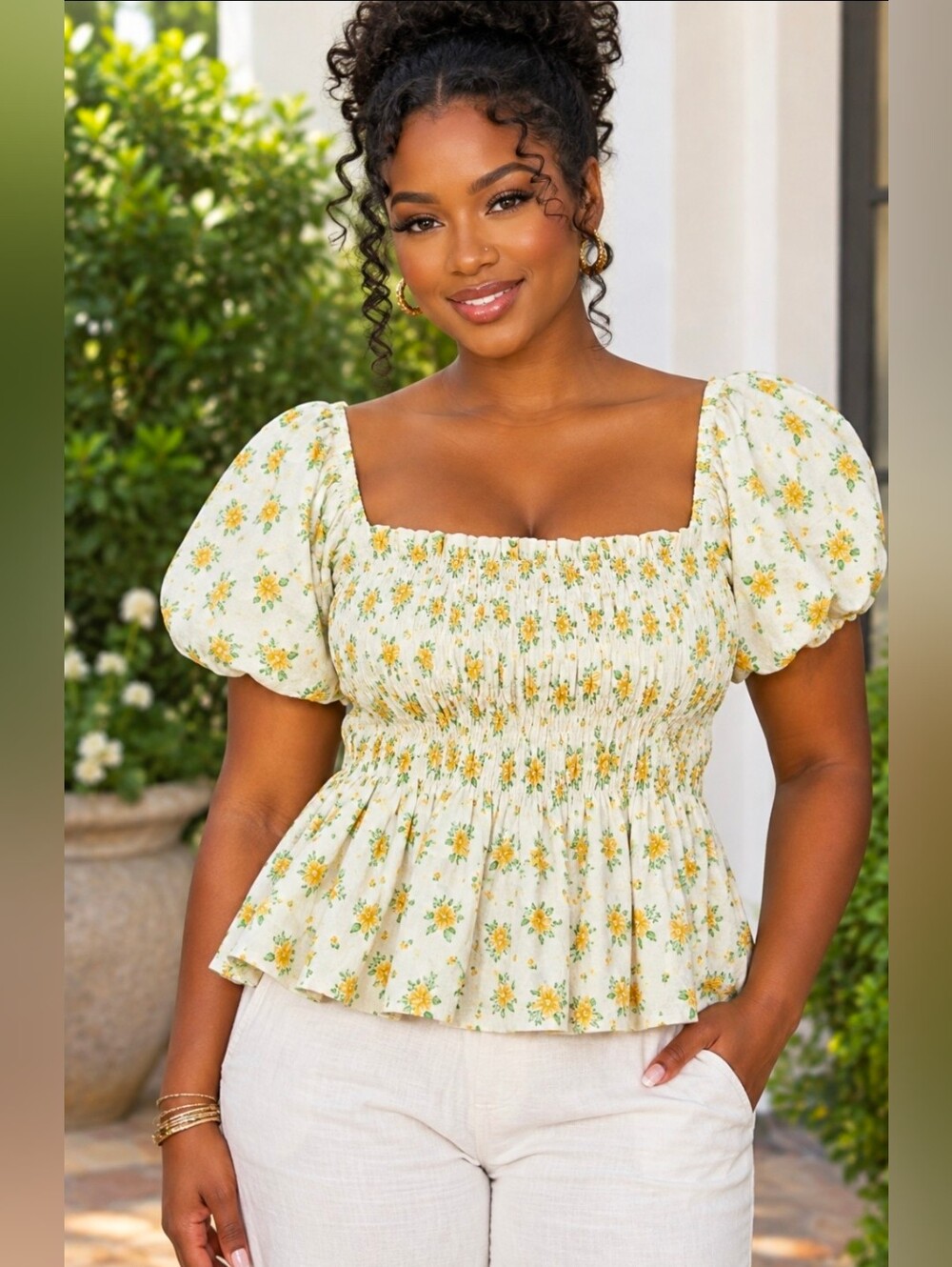 NEW!!! POL Cream Yellow Floral Smocked Square-Neck Top, NWT
